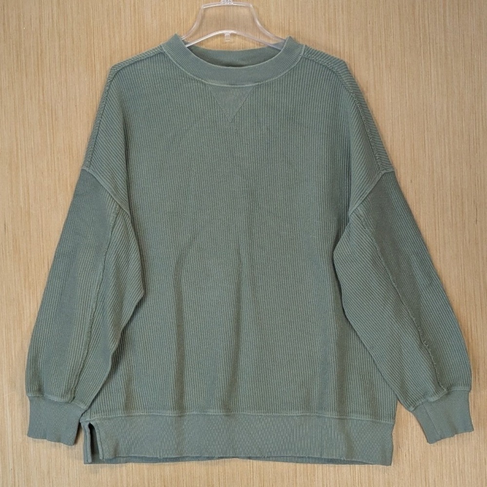 Aerie Women's Ribbed Oversized Cotton Pullover Sweatshirt Size M Sage Green Cozy